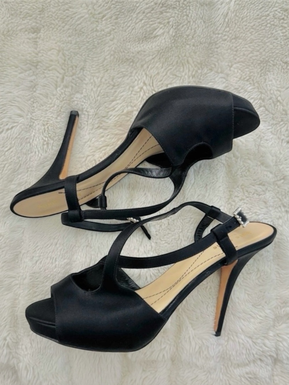 Kate Spade New York Satin Leather Peep-toe Evening Black Elegant Heels Size 9.5